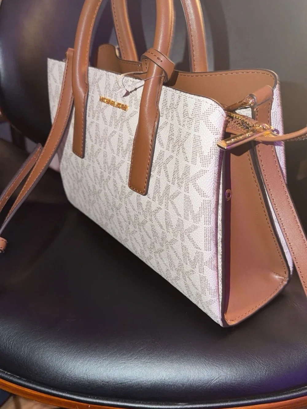 Michael Kors White/Beige Logo Satchel with Brown Trim